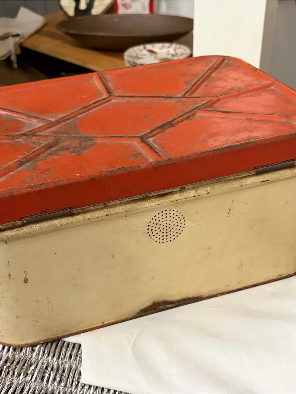 Vintage bread box with red lid.   Metal.  Biscuit tin.
